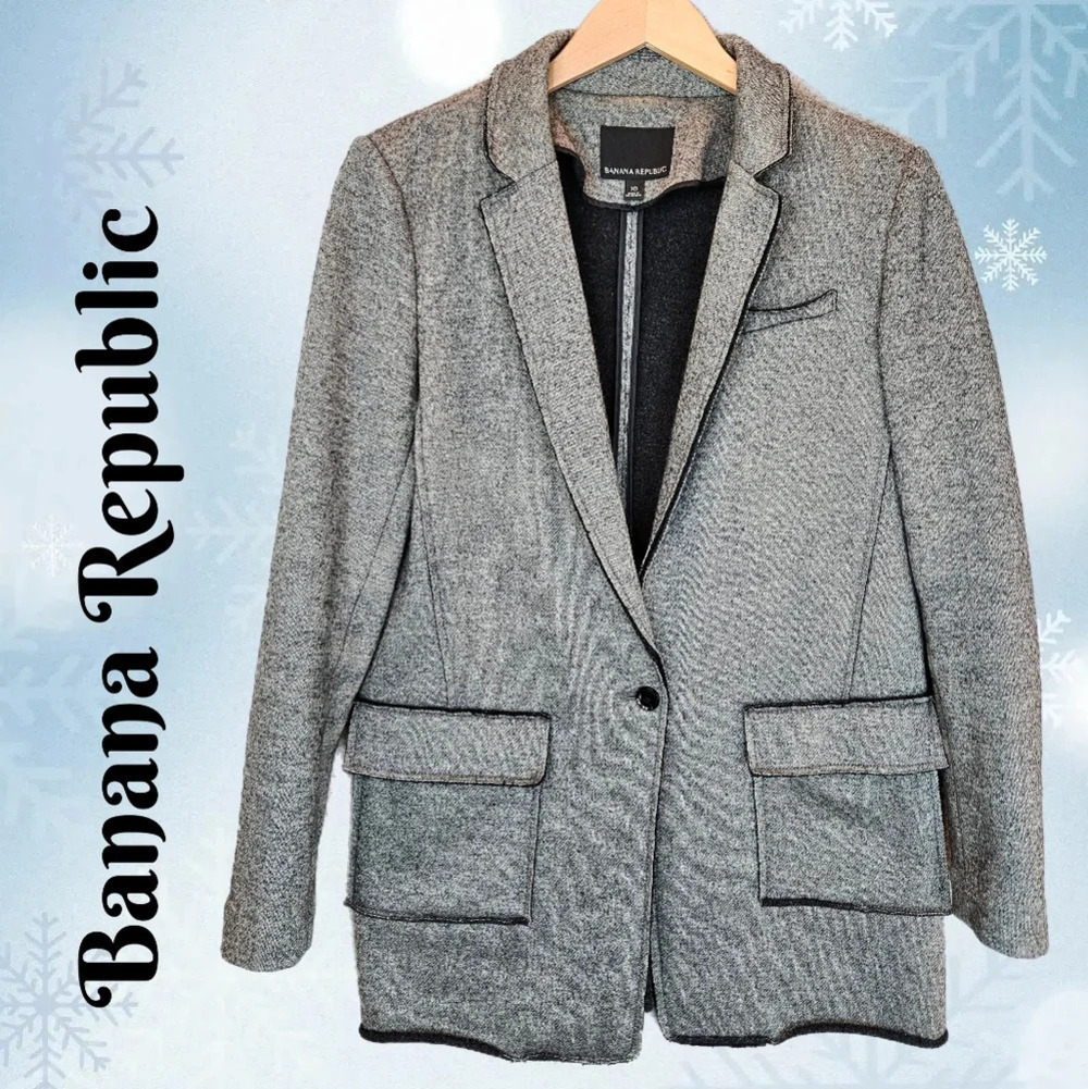 Banana Republic Womens Blazer Sz 10 Wool Blend Long Line Raw Edges  Heather Gray